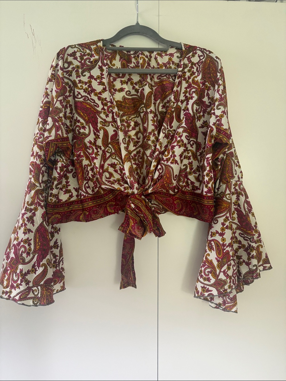Boho Paisley Tie-Front Cropped Blouse in White and Burgundy OS